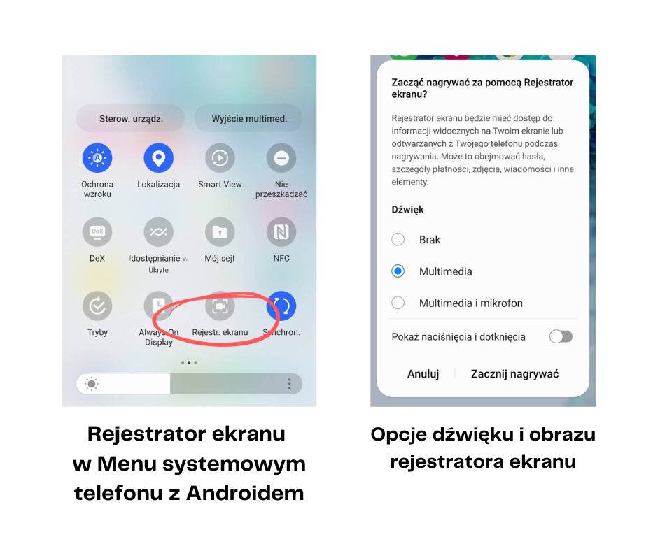 Zrzuty z ekranu telefonu z systemem Android ze wskazówkami, gdzie kliknąć, aby włączyć Rejestrowanie ekranu