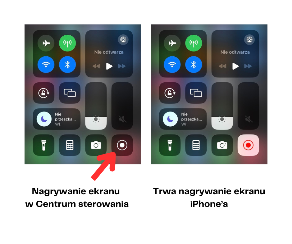 Zrzuty z ekranu iPhone'a ze wskazówkami, którym przyciskiem włączyć nagrywanie ekranu i jak wygląda przycisk, gdy nagrywanie trwa